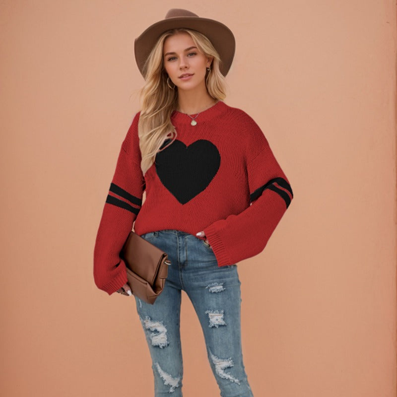 Wholesale Valentine's Day Contrast Color Heart Peach Round Neck Knit Sweater